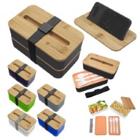 DS1473 Two Layer Lunch Box With Bamboo Lid And Strap And Mobile Holder